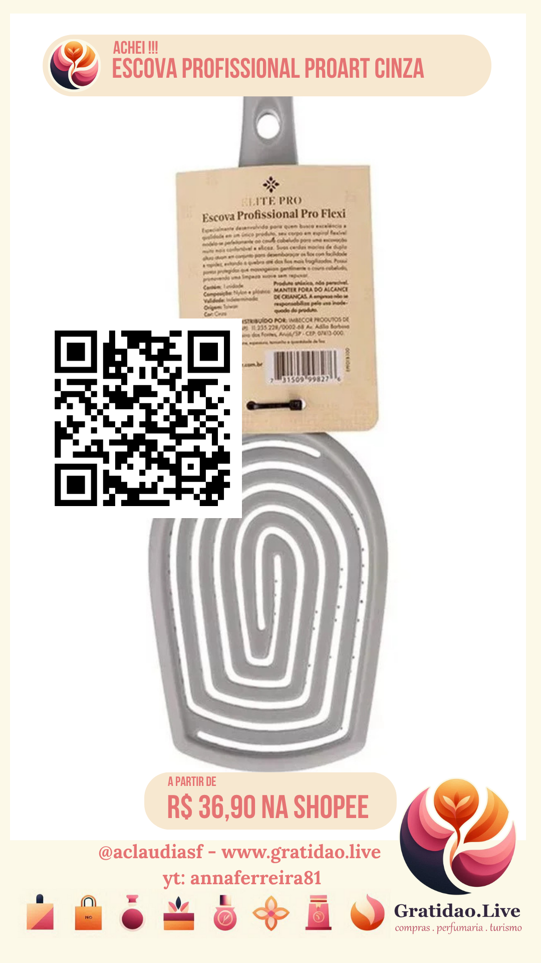 ESCOVA PROFISSIONAL FLEXI PROART CINZA